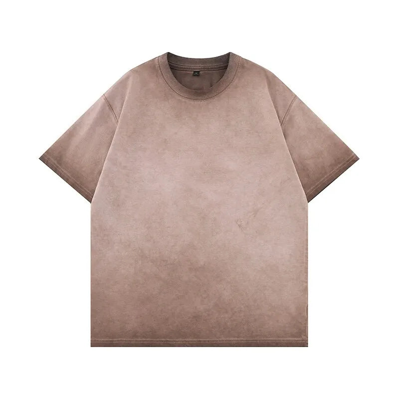 Model wearing gradient washed loose crew neck tee — oversized street style fit