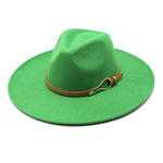 Grass Green Fedora hat photographed from front angle highlighting pinched crown and gold hook buckle