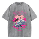 Gray Close-up of acid wash distressed texture and cartoon graphic print on tee