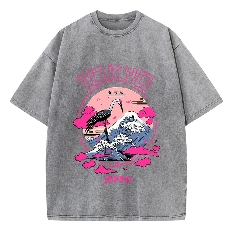 Gray Close-up of acid wash distressed texture and cartoon graphic print on tee