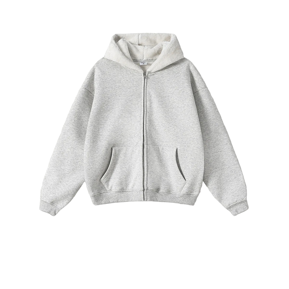 Gray zip-up hoodie on a light gray background with brand logo and text.