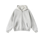 Gray zip-up hoodie on a light gray background with brand logo and text.