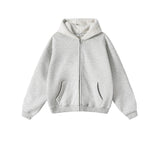 Gray zip-up hoodie on a light gray background with brand logo and text.
