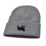 Gray beanie with a black cat embroidered on a white background