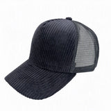A gray corduroy trucker cap with a curved brim and black mesh back panels, shown from a three-quarters angle on a white background.