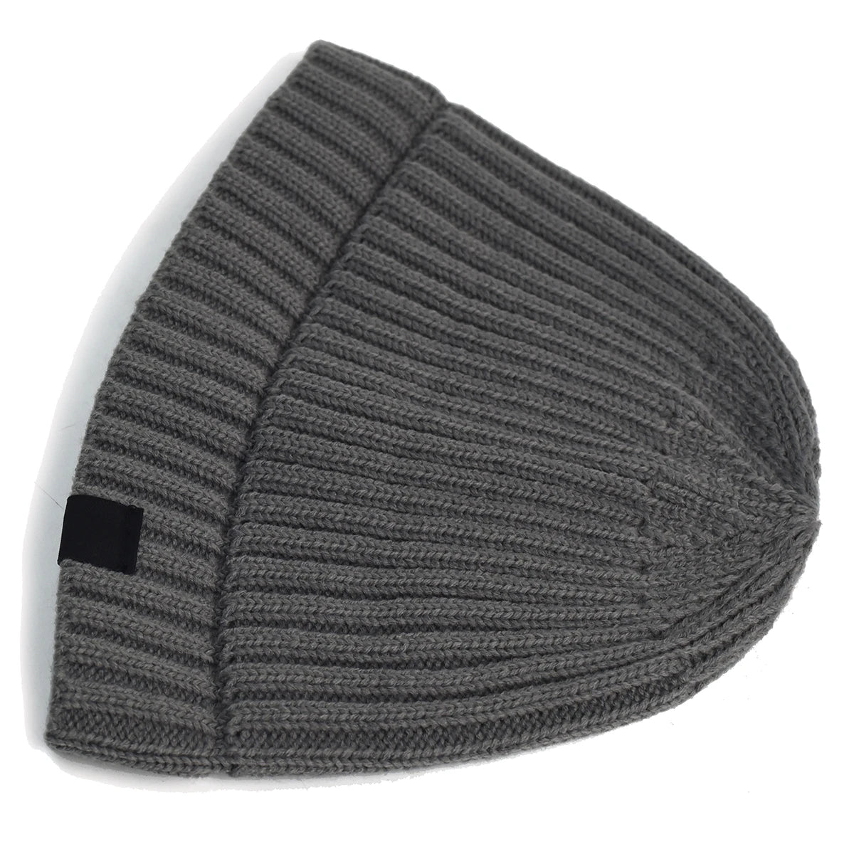 Gray knit beanie with a black tag on a white background