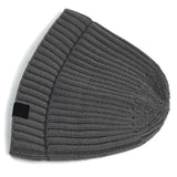 Gray knit beanie with a black tag on a white background