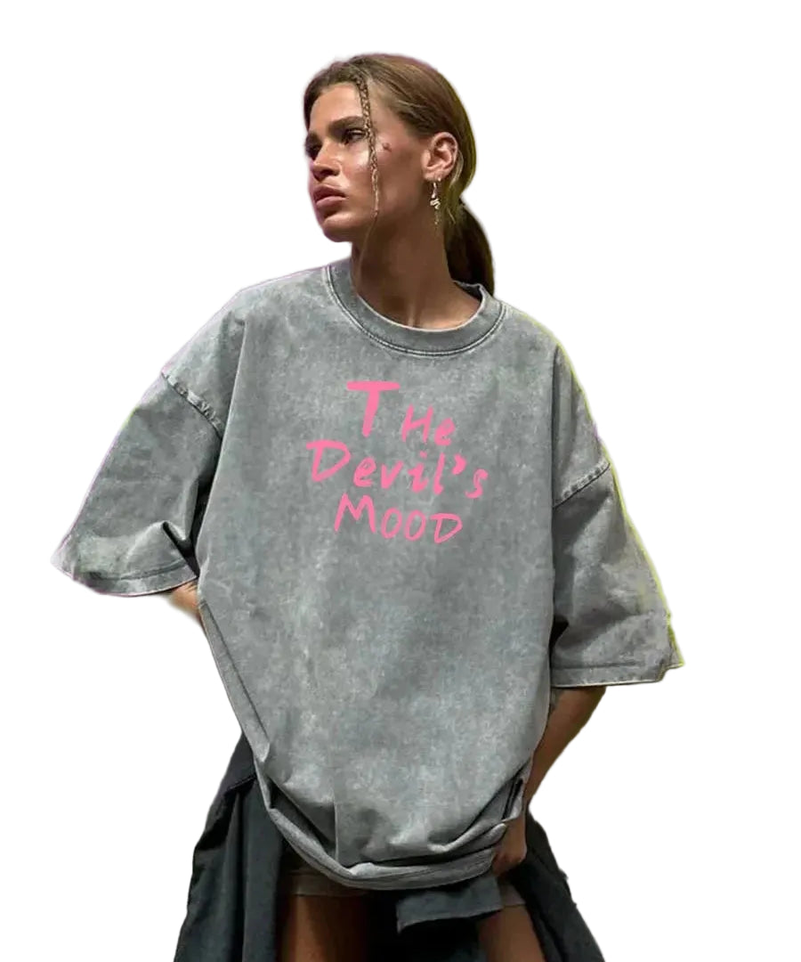 Gray Devil's Mood washed oversized graphic tee — front view with distressed letter print