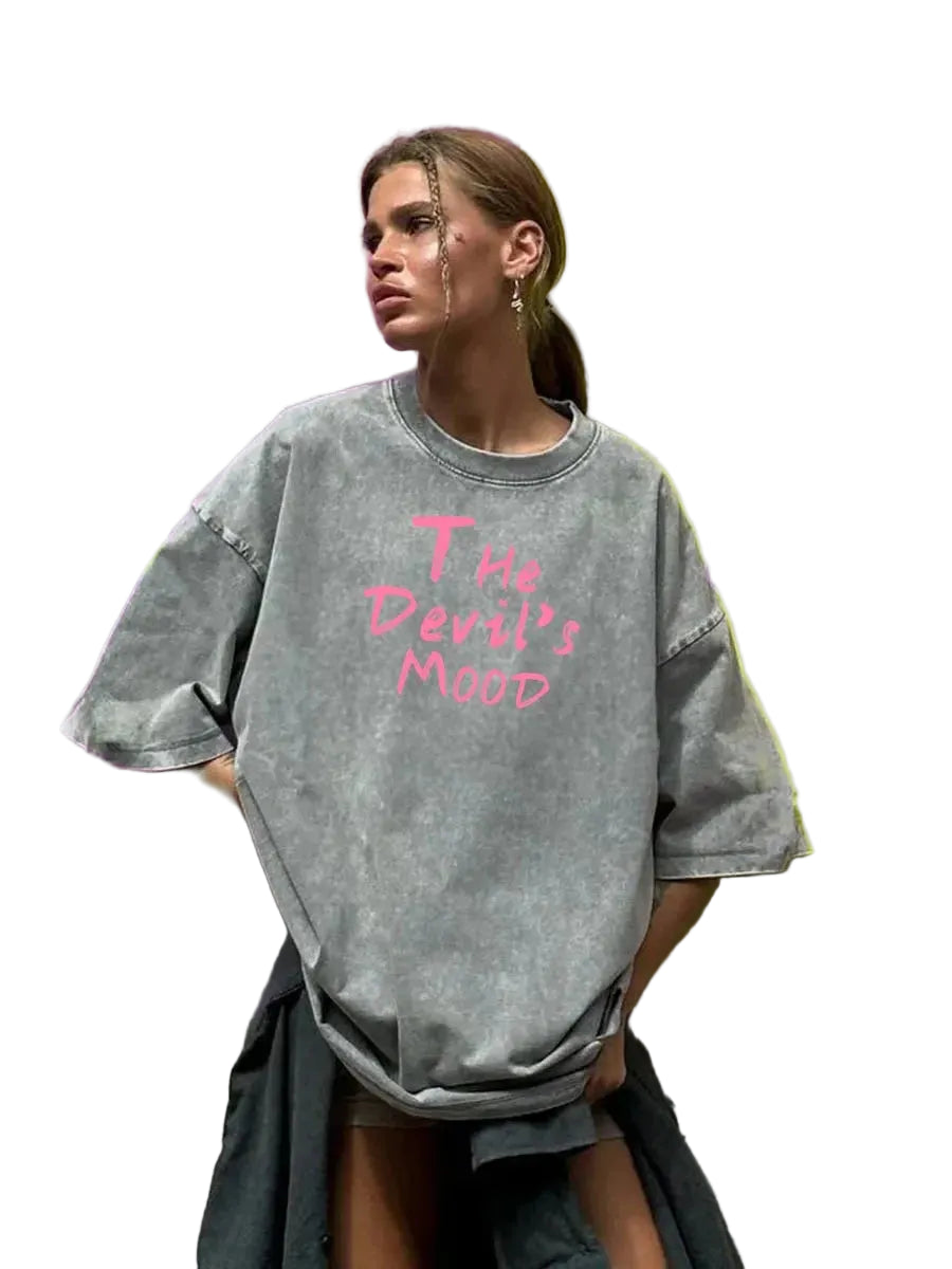 Gray Devil's Mood washed oversized graphic tee — front view with distressed letter print