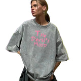 Gray Devil's Mood washed oversized graphic tee — front view with distressed letter print