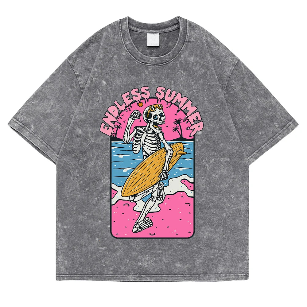 Gray Fabric detail of cotton skeleton graphic t-shirt — soft knit broadcloth texture