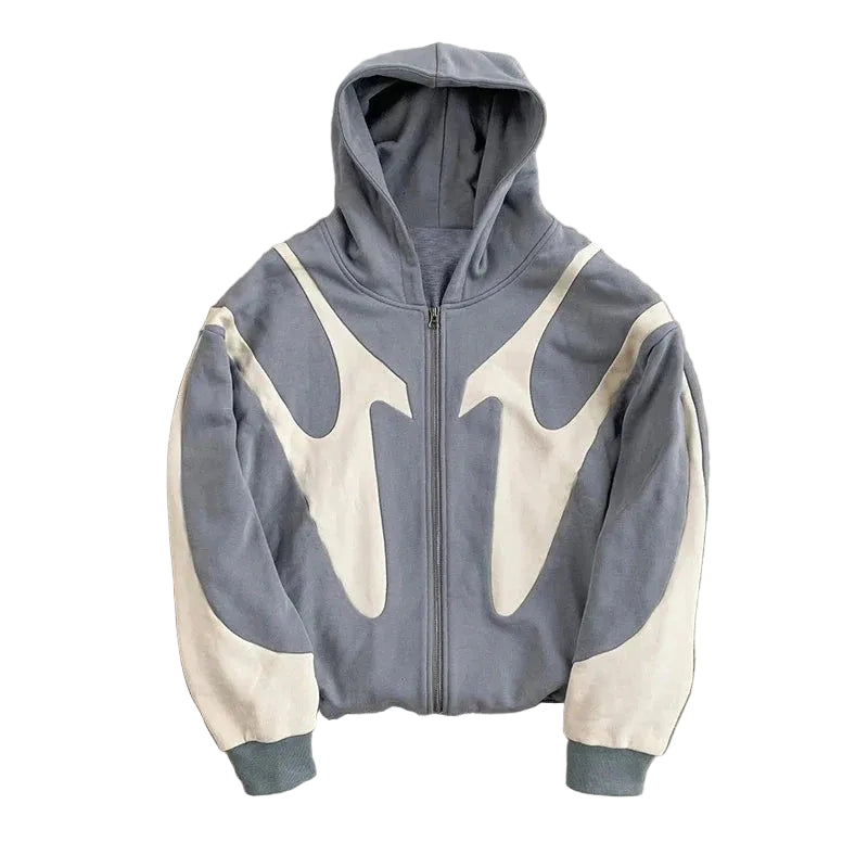 Gray Flame panel oversized zip-up hoodie, front view