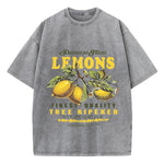 Gray lemon fruit graphic tee with vintage distressed wash, front view