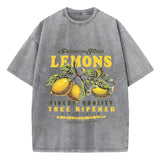 Gray lemon fruit graphic tee with vintage distressed wash, front view
