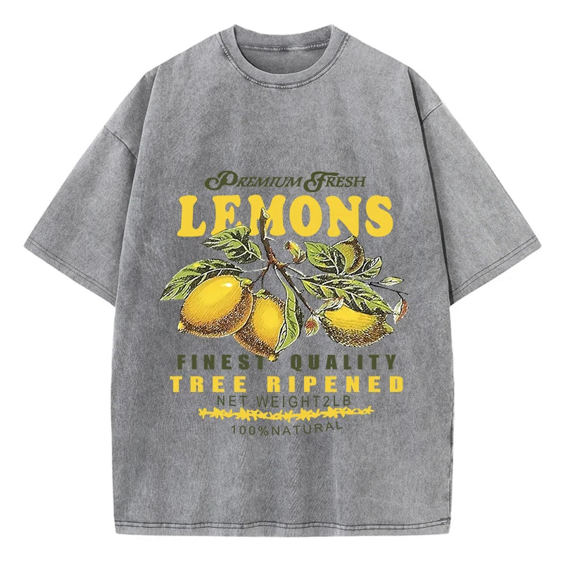 Gray lemon fruit graphic tee with vintage distressed wash, front view