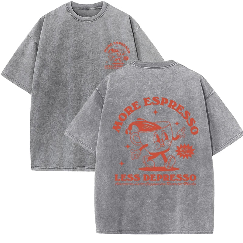 Gray More Espresso Less Depresso graphic slogan tee — lifestyle shot