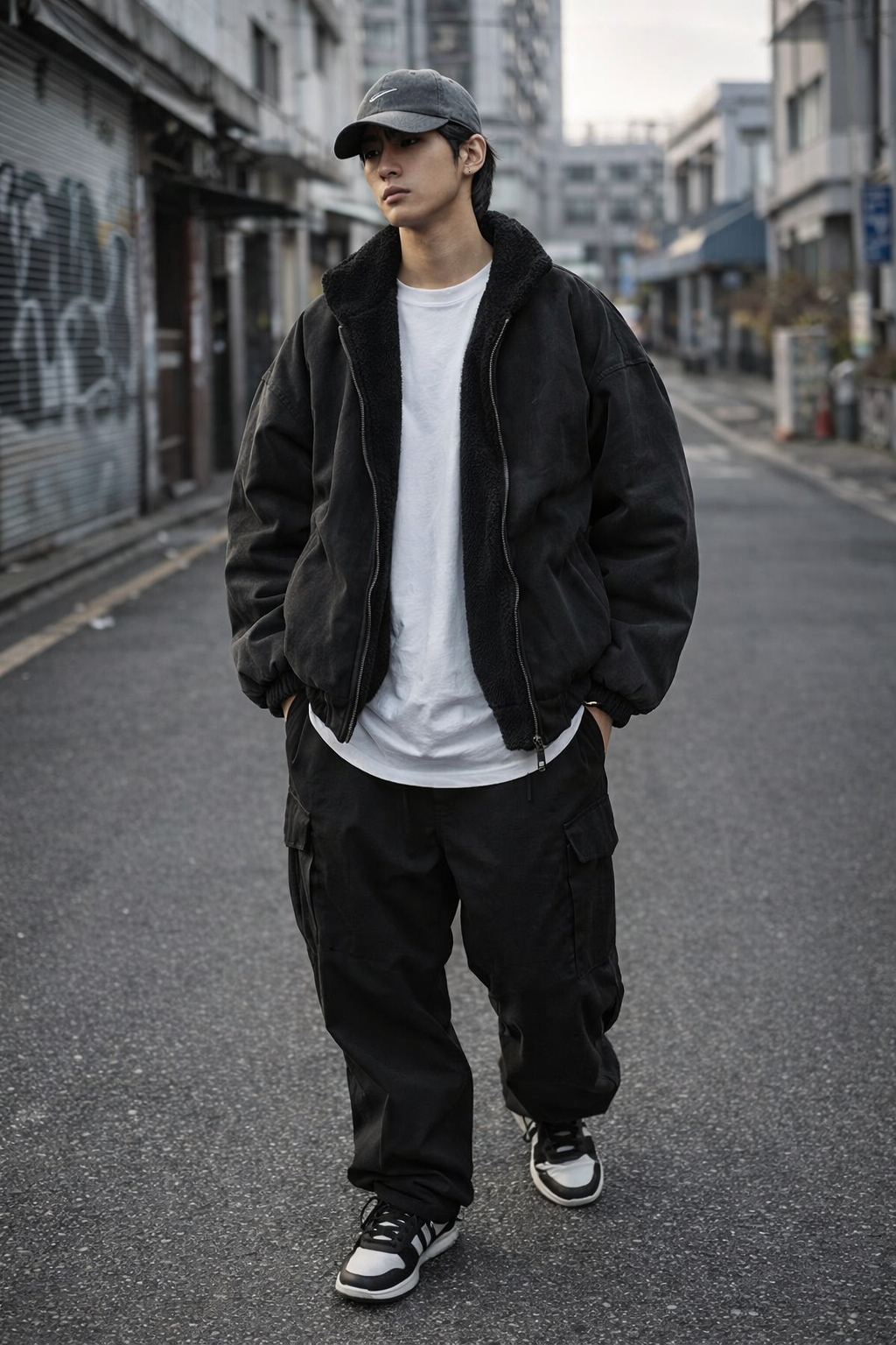 Person wearing a black jacket, white shirt, and black pants on an urban street.