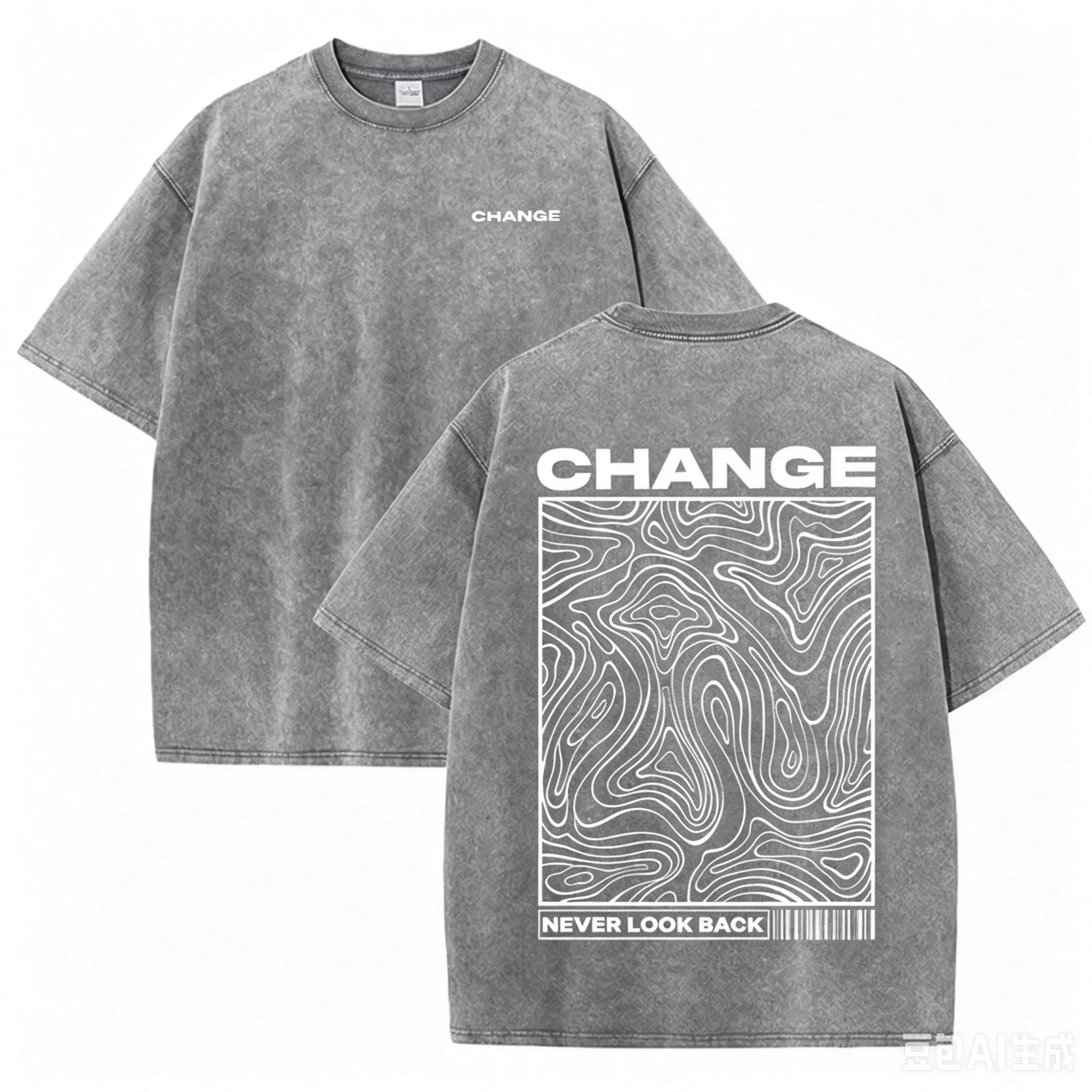 Gray Oversized vintage wash topographic graphic tee — print detail