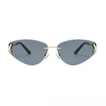 Sunglasses with gold frames and black arms on a white background