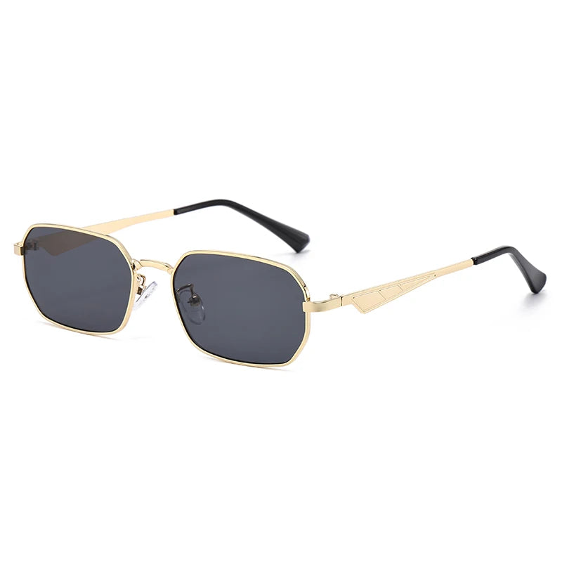 Gold-framed sunglasses with black lenses on a white background