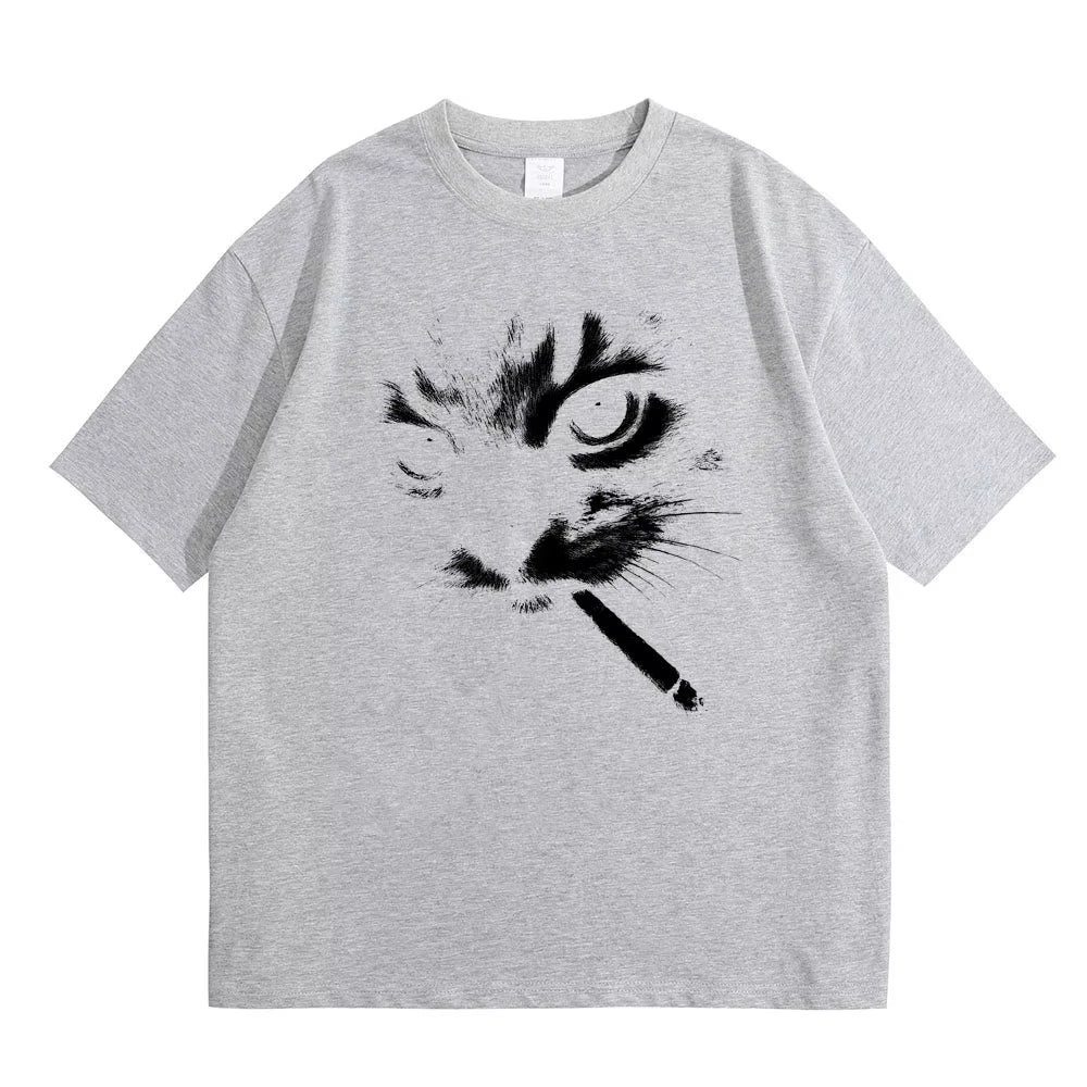 Gray Smoking cat graphic tee — lifestyle shot, streetwear styling