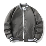 Gray varsity jacket with white and black striped trim on a white background