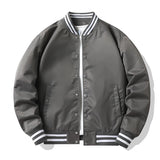 Gray varsity jacket with white and black striped trim on a white background
