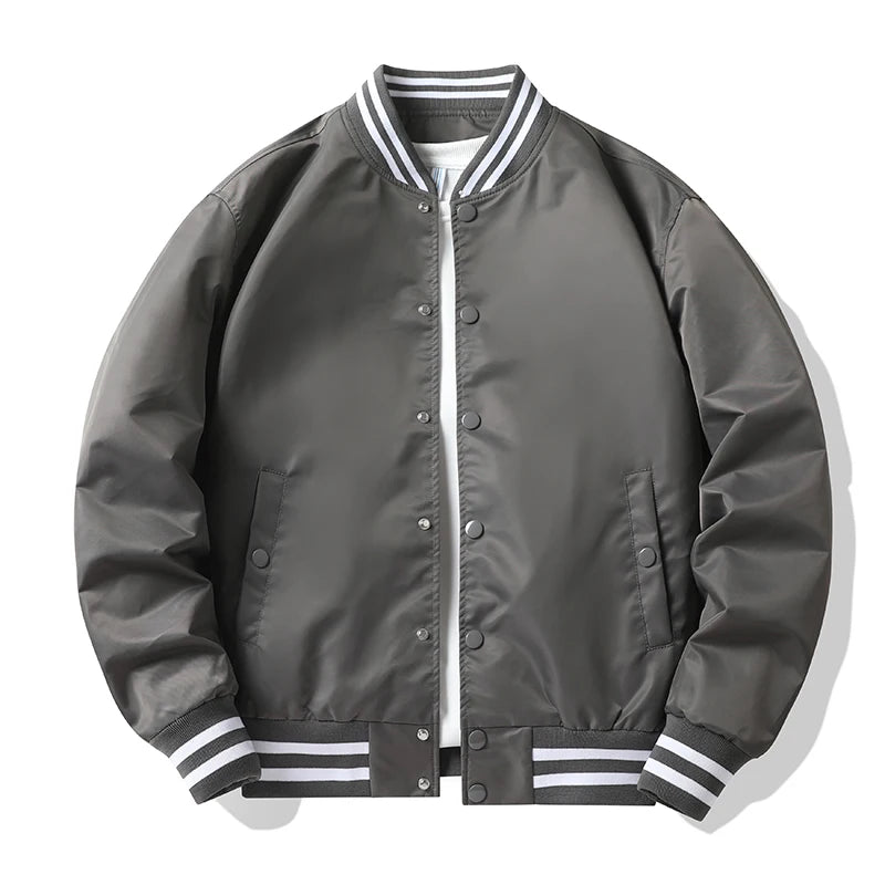 Gray varsity jacket with white and black striped trim on a white background