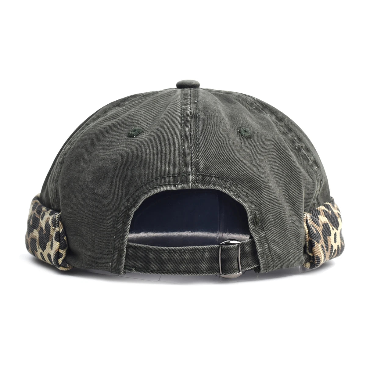 Gray distressed baseball cap with leopard print patches on a white background