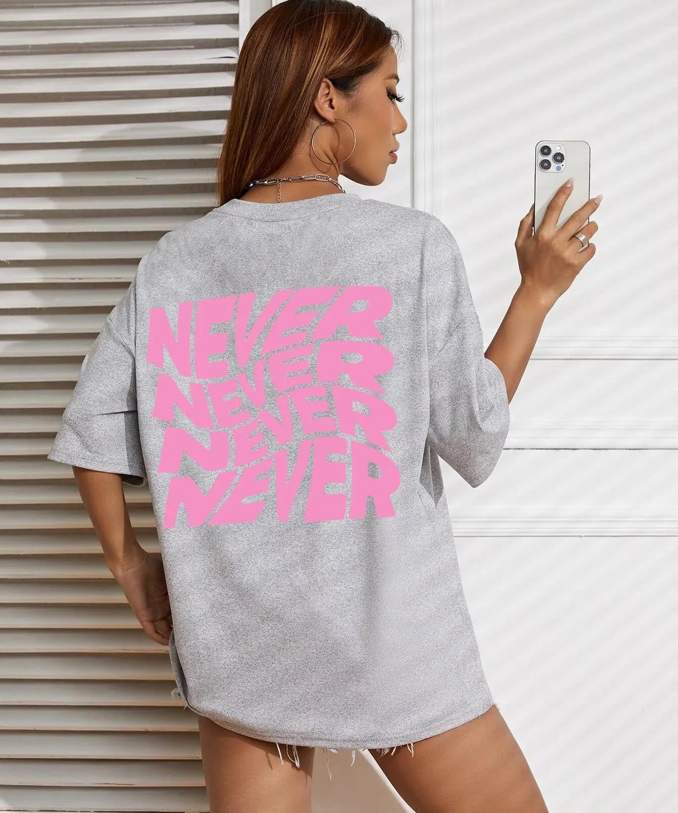 Gray Wavy letter print oversized graphic tee — neck detail