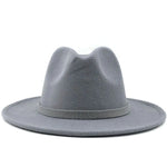 Gray Fedora hat shown in front view with pinched crown and wide brim
