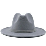 Gray Fedora hat shown in front view with pinched crown and wide brim