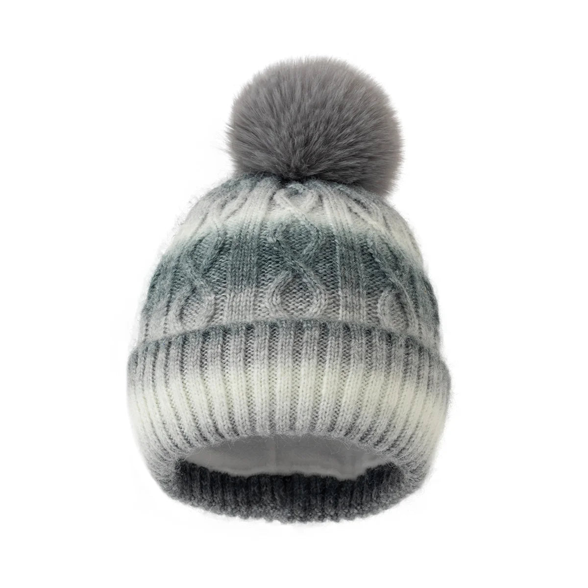 Knitted beanie with a gray pom-pom on a white background