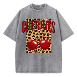 Gray-Xy379 Distressed finish detail on cherry leopard print streetwear tee