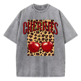 Gray-Xy379 Distressed finish detail on cherry leopard print streetwear tee