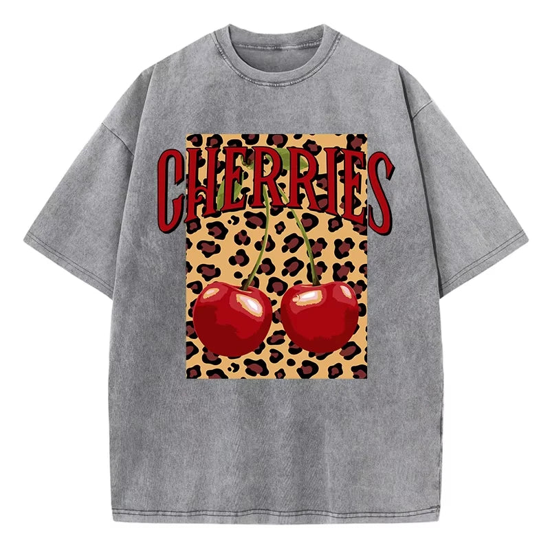 Gray-Xy379 Distressed finish detail on cherry leopard print streetwear tee