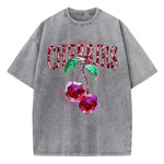 Gray-Xy383 Women's cherry leopard print loose tee, final model lifestyle image