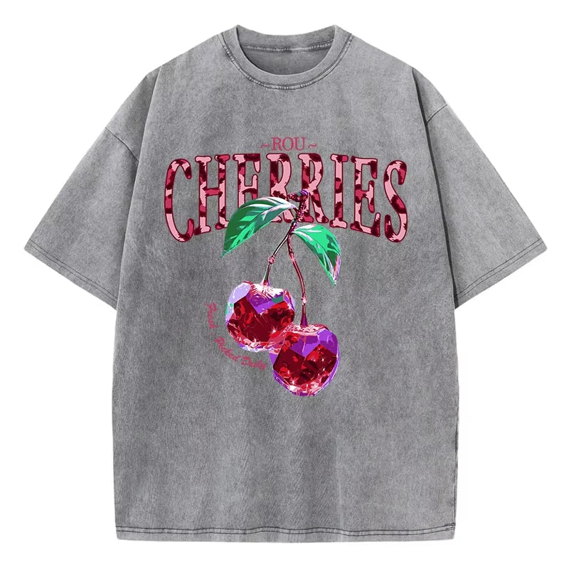 Gray-Xy383 Women's cherry leopard print loose tee, final model lifestyle image