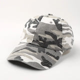 Graywhite Camo vintage washed dad hat worn on model, front view