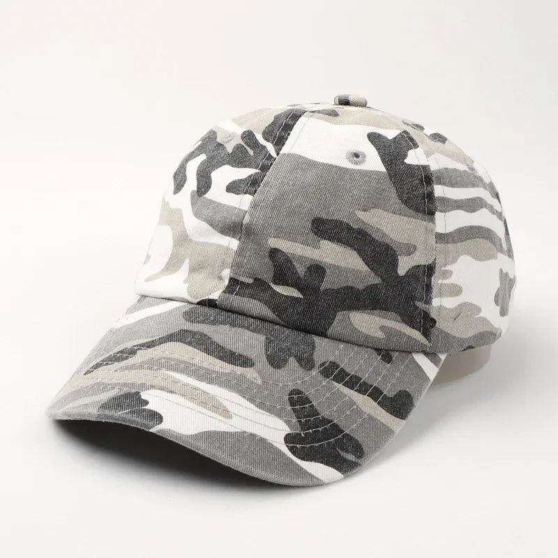 Graywhite Camo vintage washed dad hat worn on model, front view