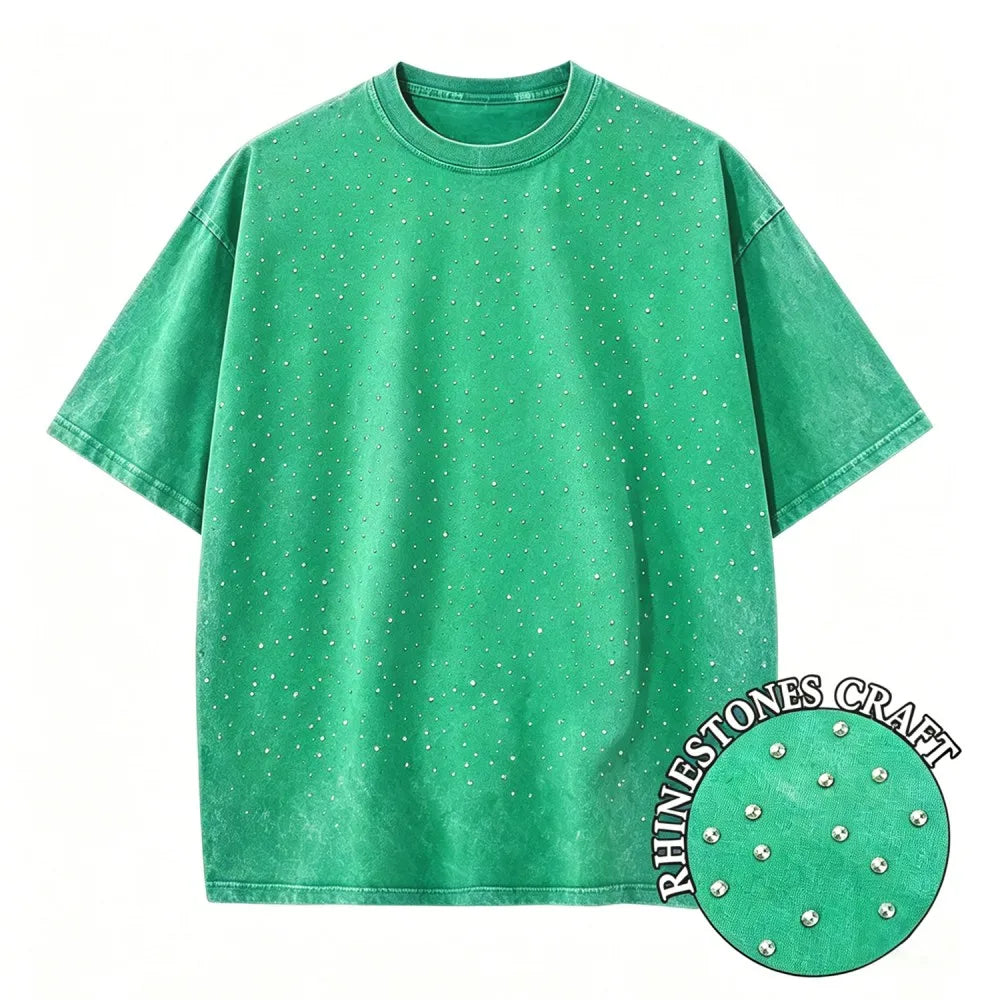 Green 1 Rhinestone vintage wash oversized distressed tee — flat lay