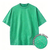 Green 1 Rhinestone vintage wash oversized distressed tee — flat lay
