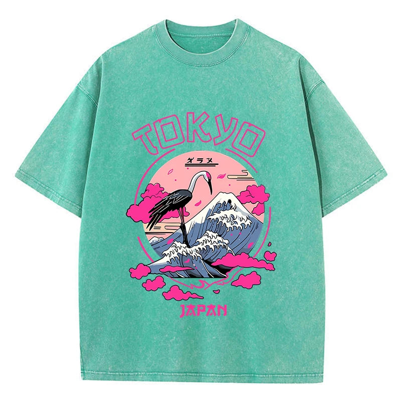 Green Model wearing women's loose fit acid wash graphic streetwear tee, front