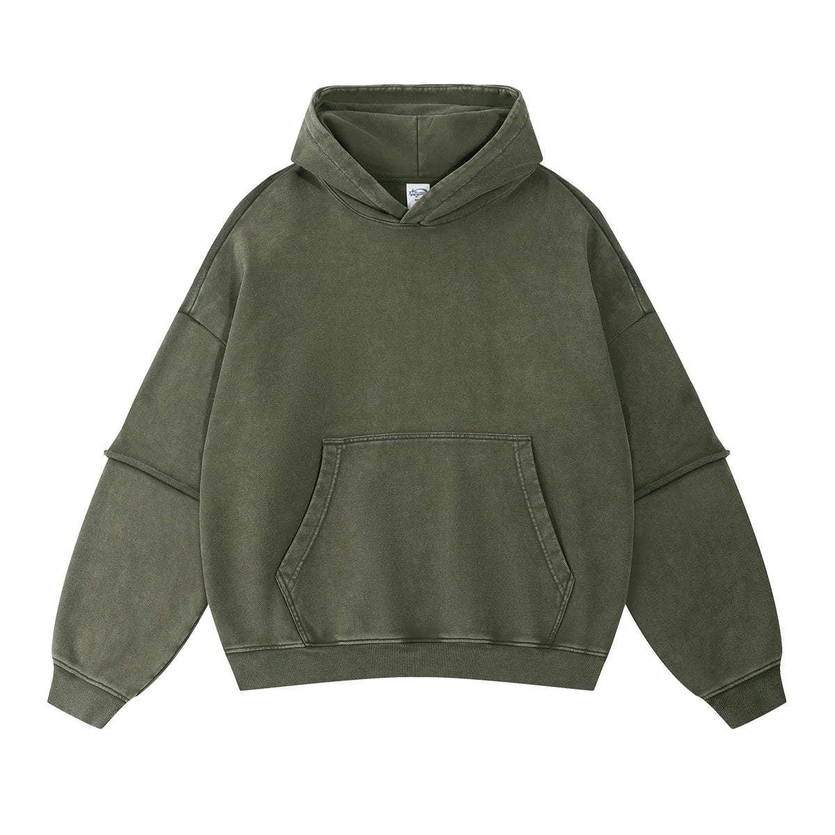 Green Acid wash hoodie — upper body on-model view