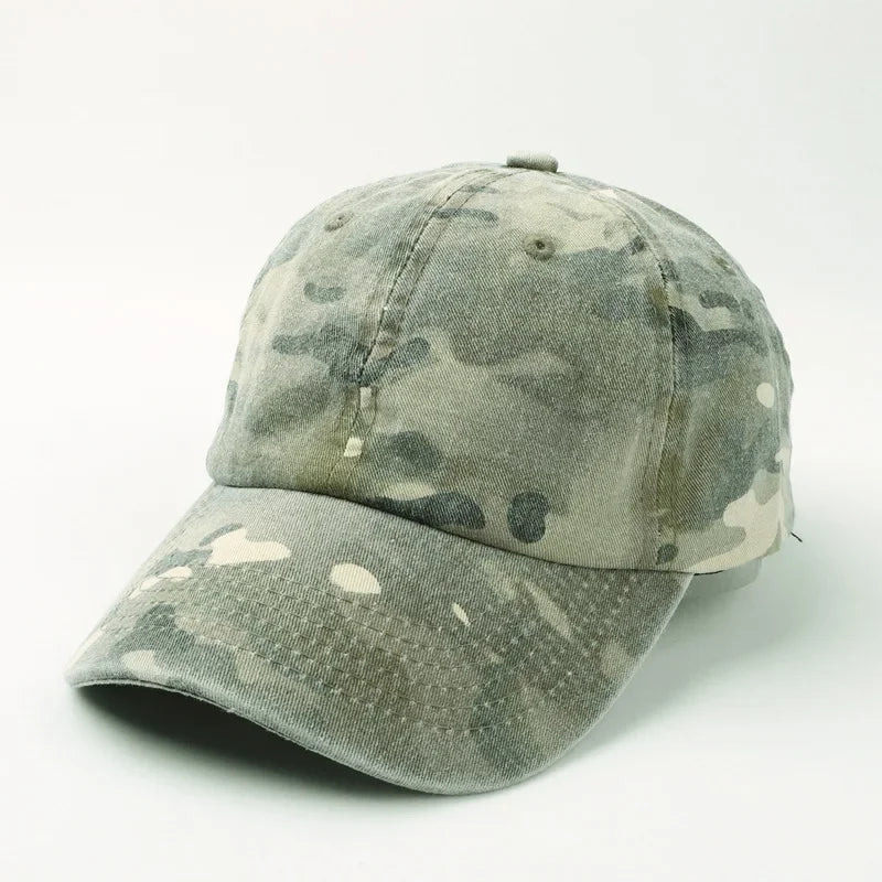 Green Camo vintage washed dad hat, three-quarter view