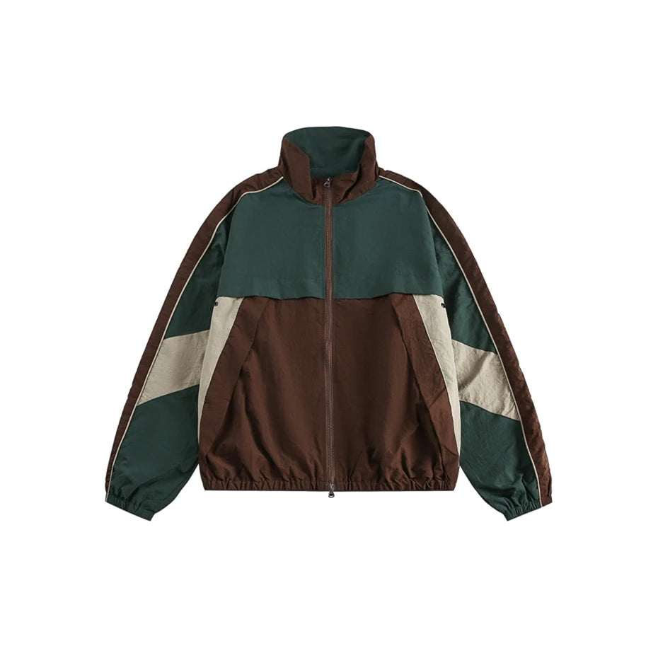 Green Color block windbreaker jacket, worn side view