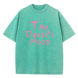 Green Devil's Mood washed oversized graphic tee — full styled outfit shot
