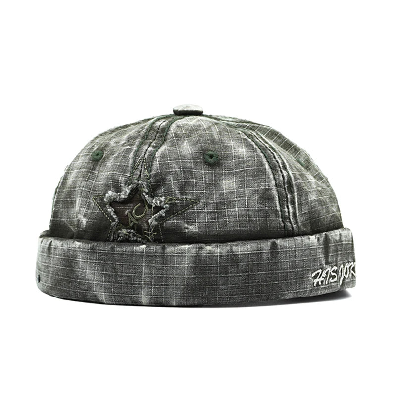 Green Distressed star brimless hat, overhead view
