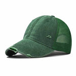 Green Distressed vintage wash trucker hat worn, side view