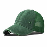 Green Distressed vintage wash trucker hat worn, side view